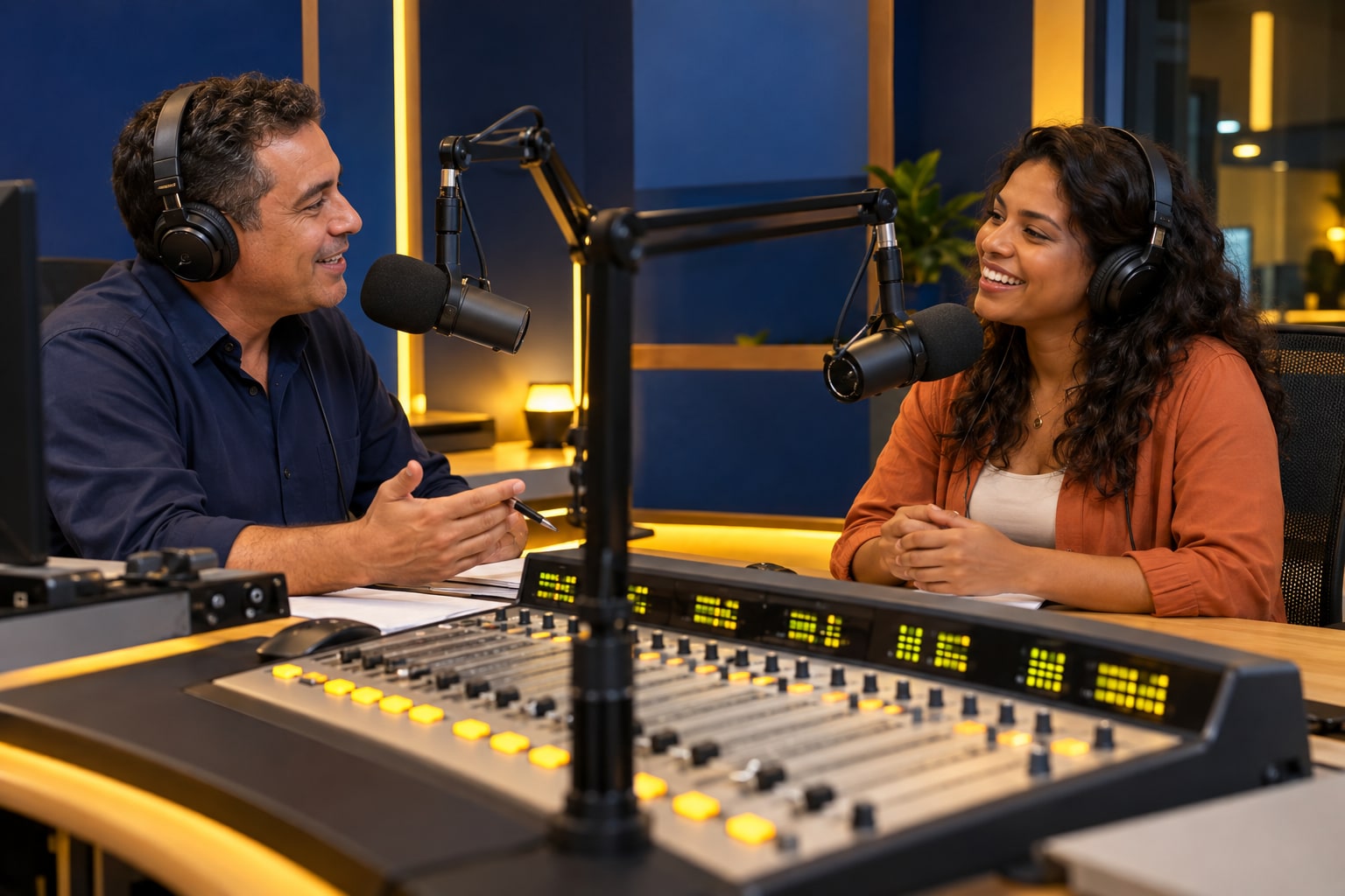 Cena ilustrativa de entrevista na bancada da rádio