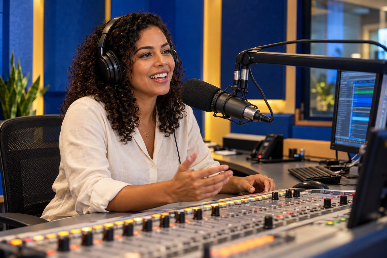 Cena ilustrativa de locutora em estúdio de rádio